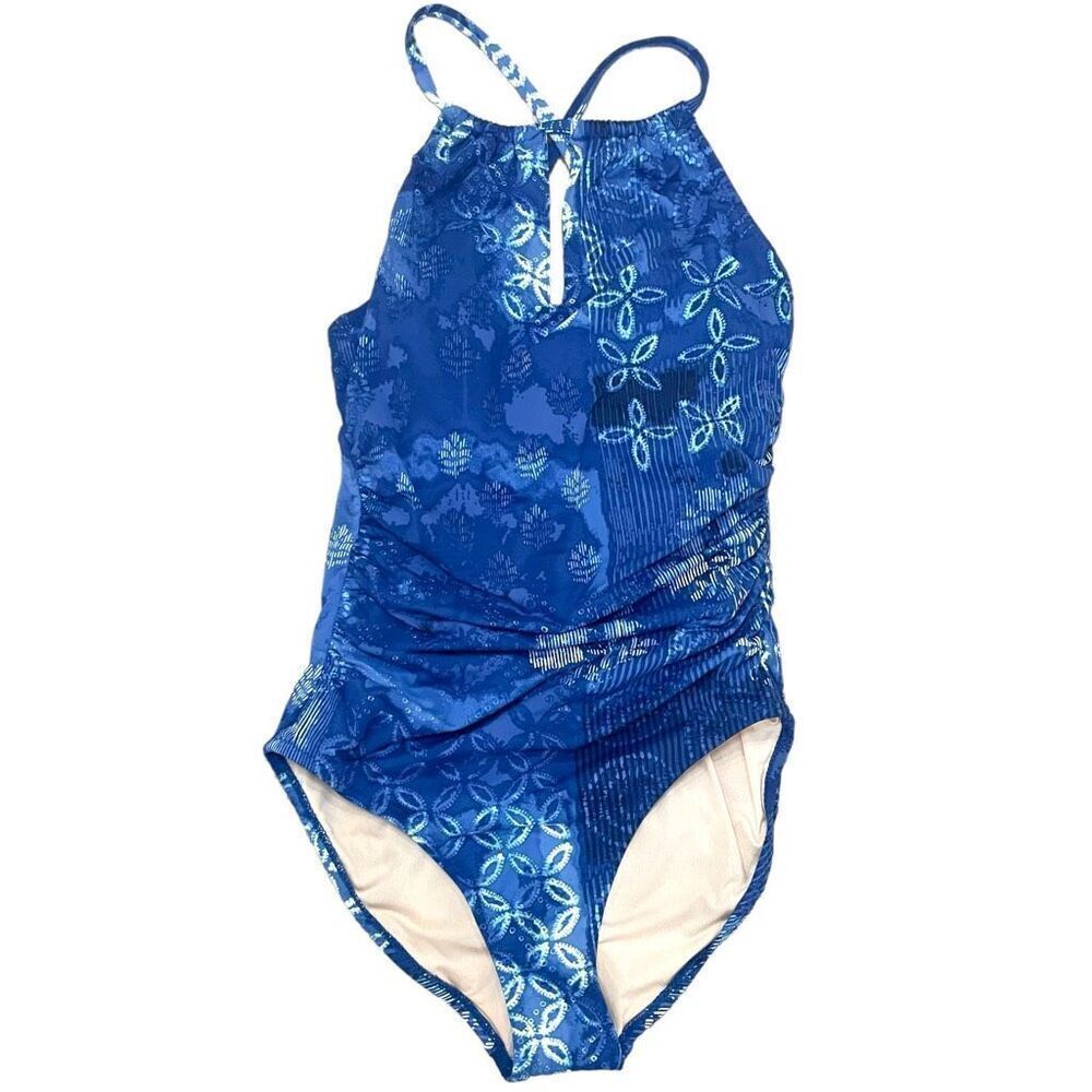 NWOT Garnet Hill Signature OnePiece Blue Shibori Patchwork Print Swimsuit Size 2 - Picture 2 of 8